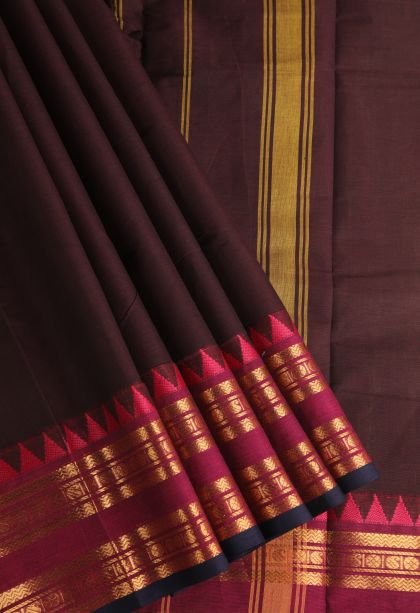 Pecan Brown Chettinad Cotton Sarees with Gold Zari Plain