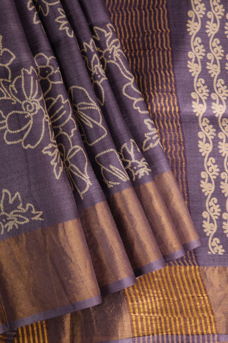 Heather Purple Tussar Saree with Gold Zari Floral Patterns view 1