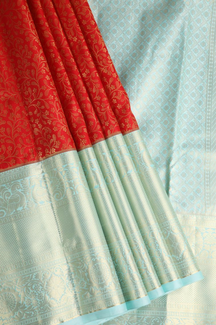 Candy Red Apoorva Silk Sarees with Gold Zari Floral Patterns view 1