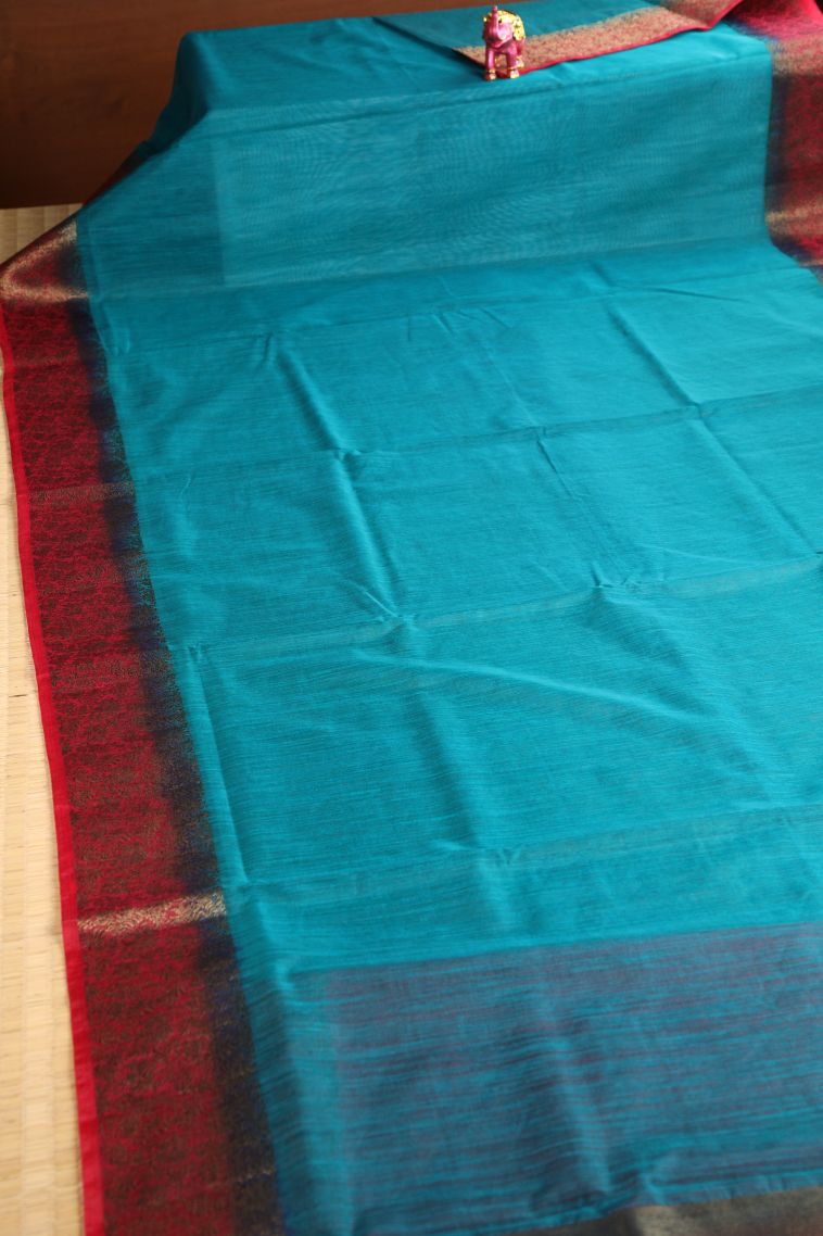 Cerulean Blue Semi Tussar Silk with Gold Zari Plain view 2