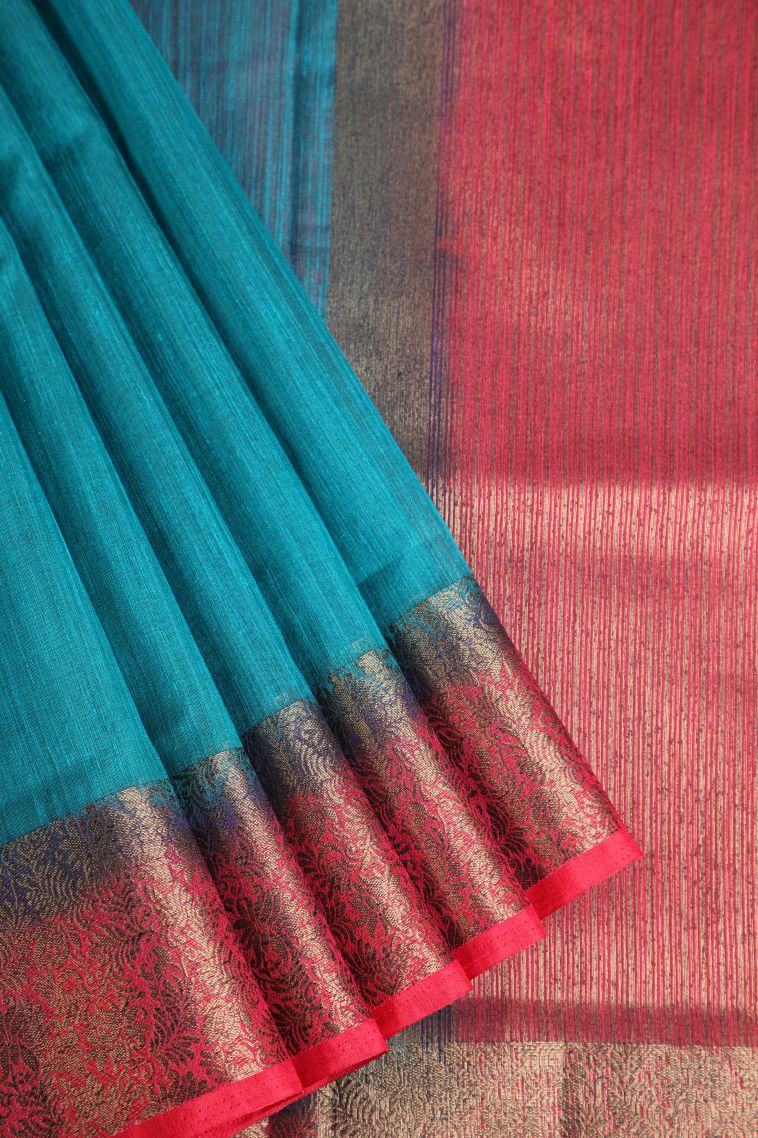 Cerulean Blue Semi Tussar Silk with Gold Zari Plain view 1