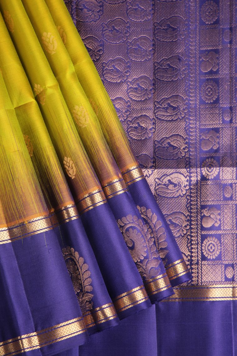 Chartreuse Green Soft Silk Saree with Gold Zari Floral Patterns view 1