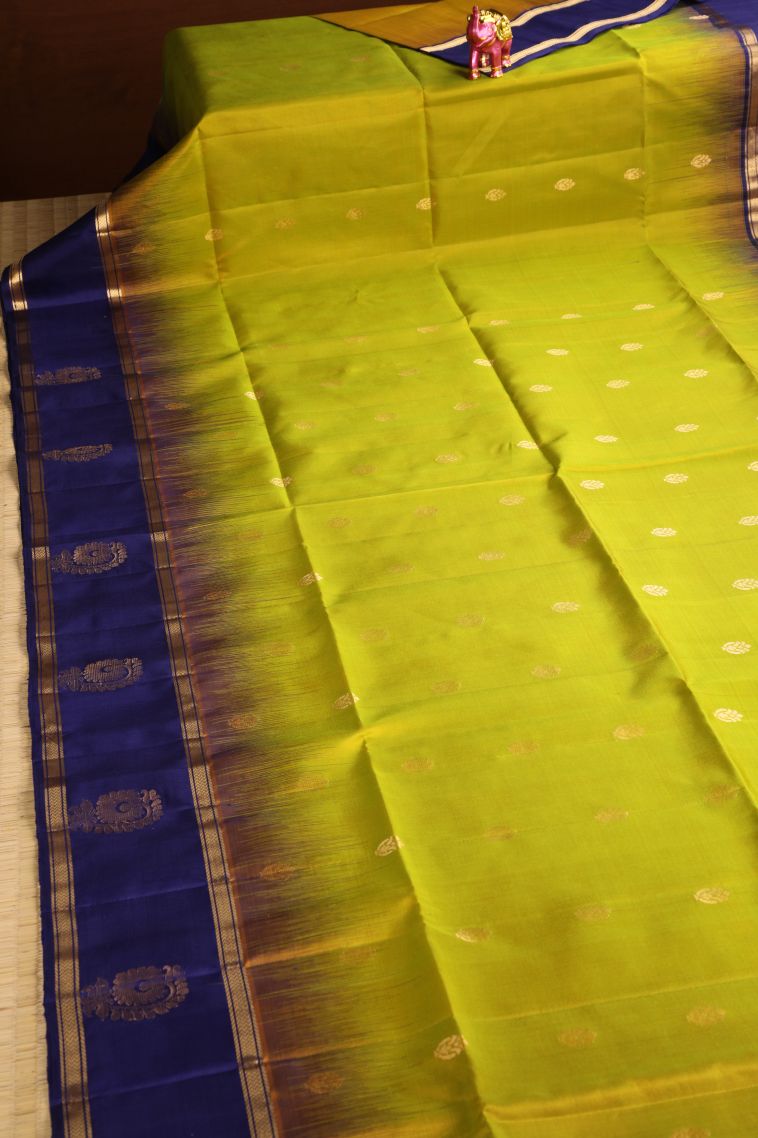 Chartreuse Green Soft Silk Saree with Gold Zari Floral Patterns view 2