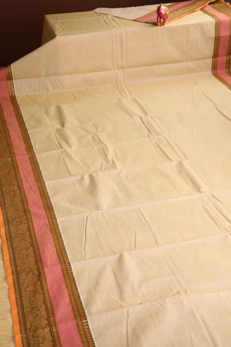 Cream White Chettinad Cotton Sarees with Without Zari Zari Plain view 2