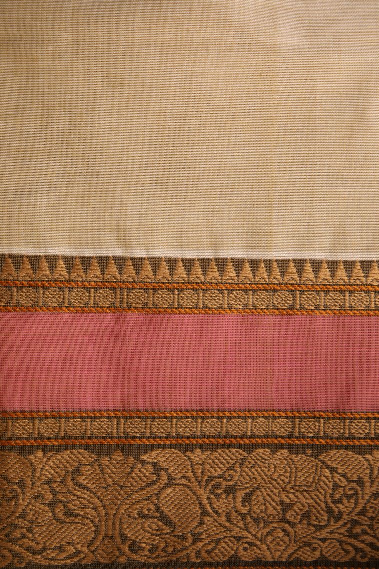 Cream White Chettinad Cotton Sarees with Without Zari Zari Plain view 3