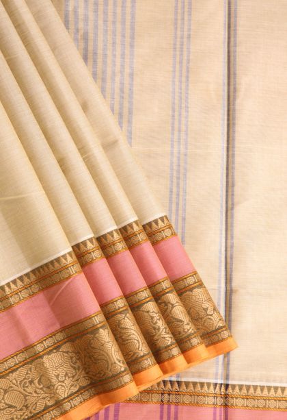 Cream White Chettinad Cotton Sarees with Without Zari Zari Plain