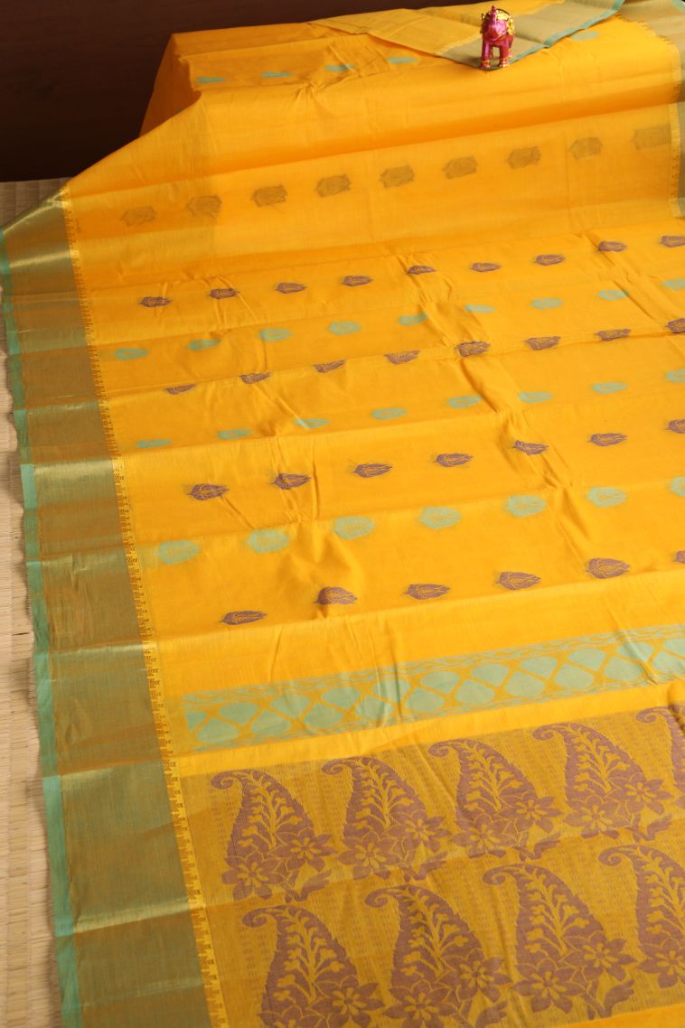 Lemon Yellow Chettinad Cotton Sarees with Without Zari Zari Floral Puttas view 2