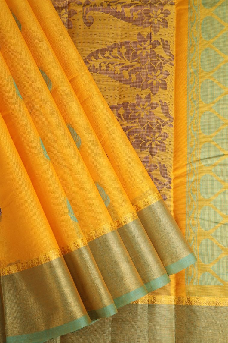 Lemon Yellow Chettinad Cotton Sarees with Without Zari Zari Floral Puttas view 1