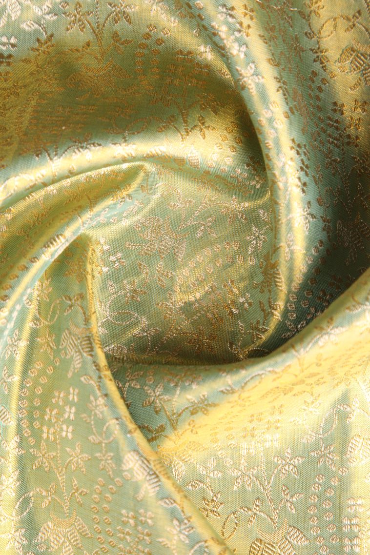 Pistachio Green Kanchipuram Silk Sarees with Gold Zari Floral Patterns view 4