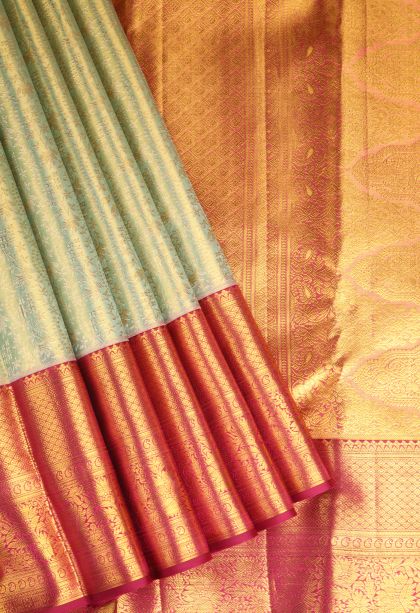 Pistachio Green Kanchipuram Silk Sarees with Gold Zari Floral Patterns