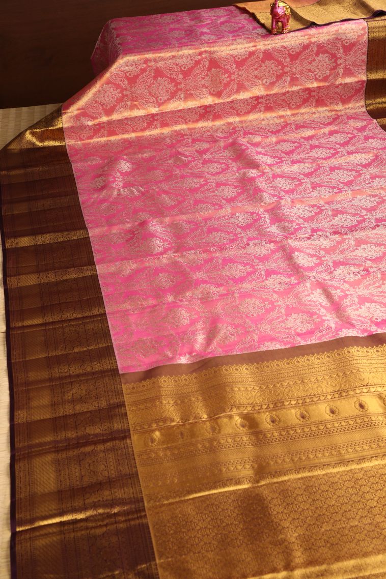 Rose Pink Kanchipuram Silk Sarees with Gold Zari Floral Patterns view 2