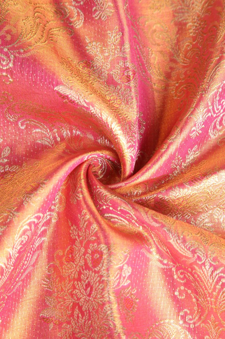 Rose Pink Kanchipuram Silk Sarees with Gold Zari Floral Patterns view 4