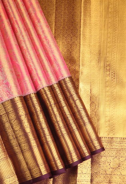 Rose Pink Kanchipuram Silk Sarees with Gold Zari Floral Patterns