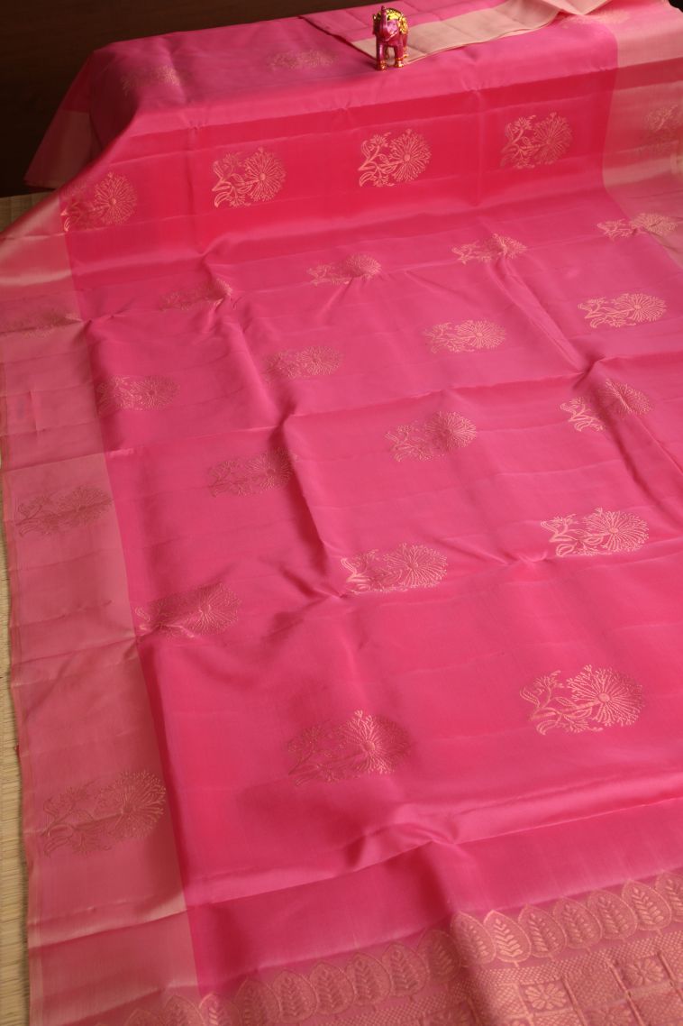 Rouge Pink Soft Silk Saree with Copper Zari Floral Patterns view 2
