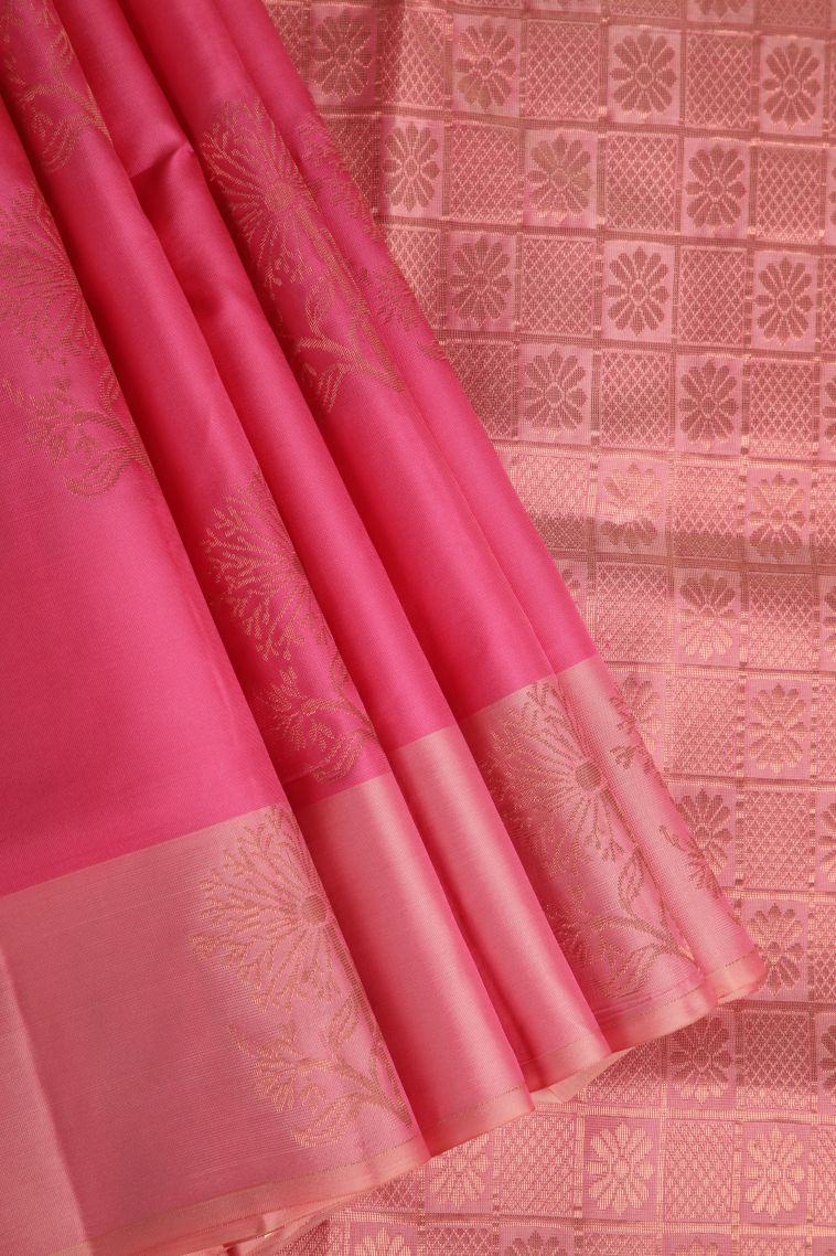 Rouge Pink Soft Silk Saree with Copper Zari Floral Patterns view 1