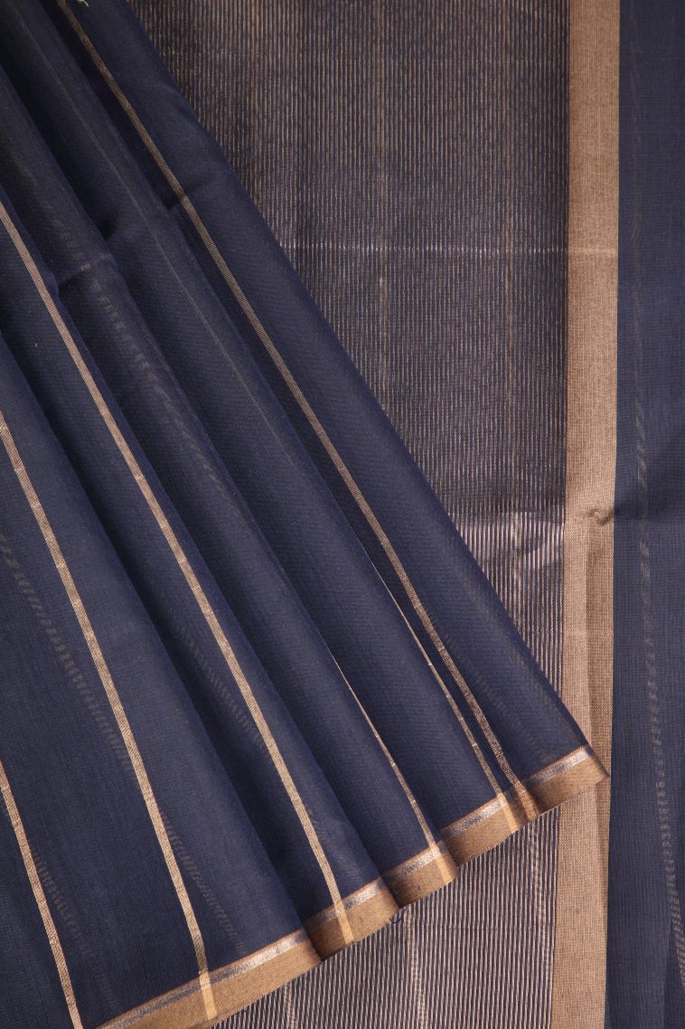 Navy Blue Semi Tussar Silk with Gold Zari Stripes view 1