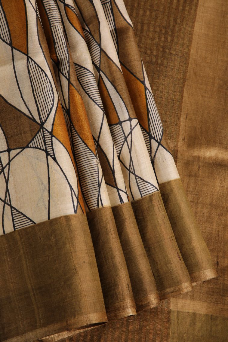 Peanut Brown Tussar Saree with Gold Zari Geometric Shapes view 1
