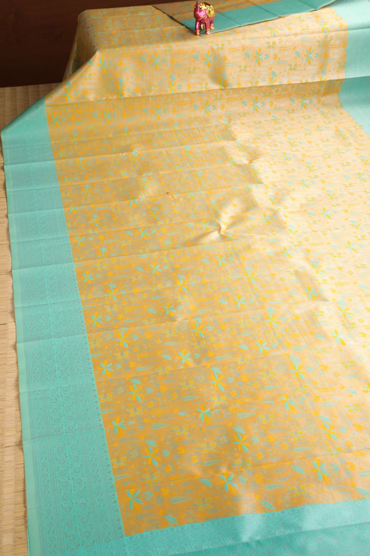 Lemon Yellow Visiri Madippu Silk Sarees with Silver Zari Floral Patterns view 2