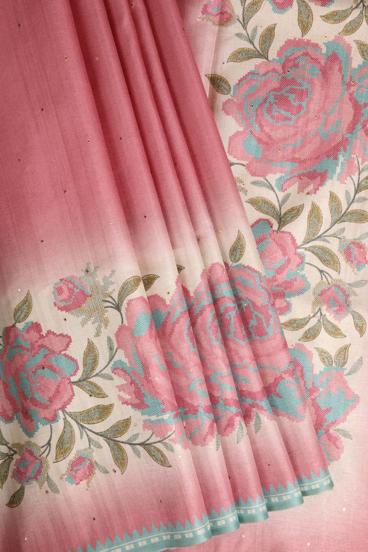 Ballet Pink Tussar Saree with Without Zari Zari Mirror Jamiki Puttas view 1