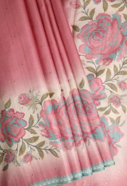 Ballet Pink Tussar Saree with Without Zari Zari Mirror Jamiki Puttas