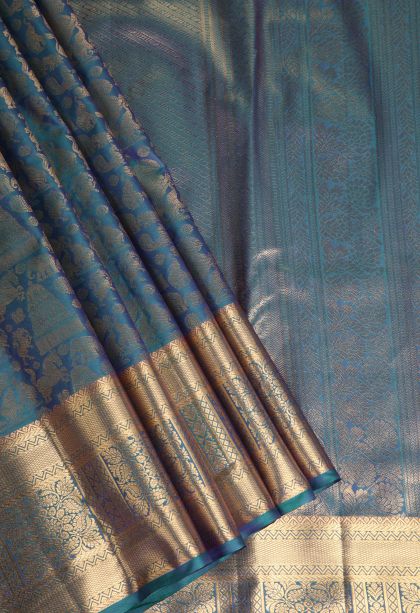 Cerulean Blue Apoorva Silk Sarees with Gold Zari Animal And Bird Motifs