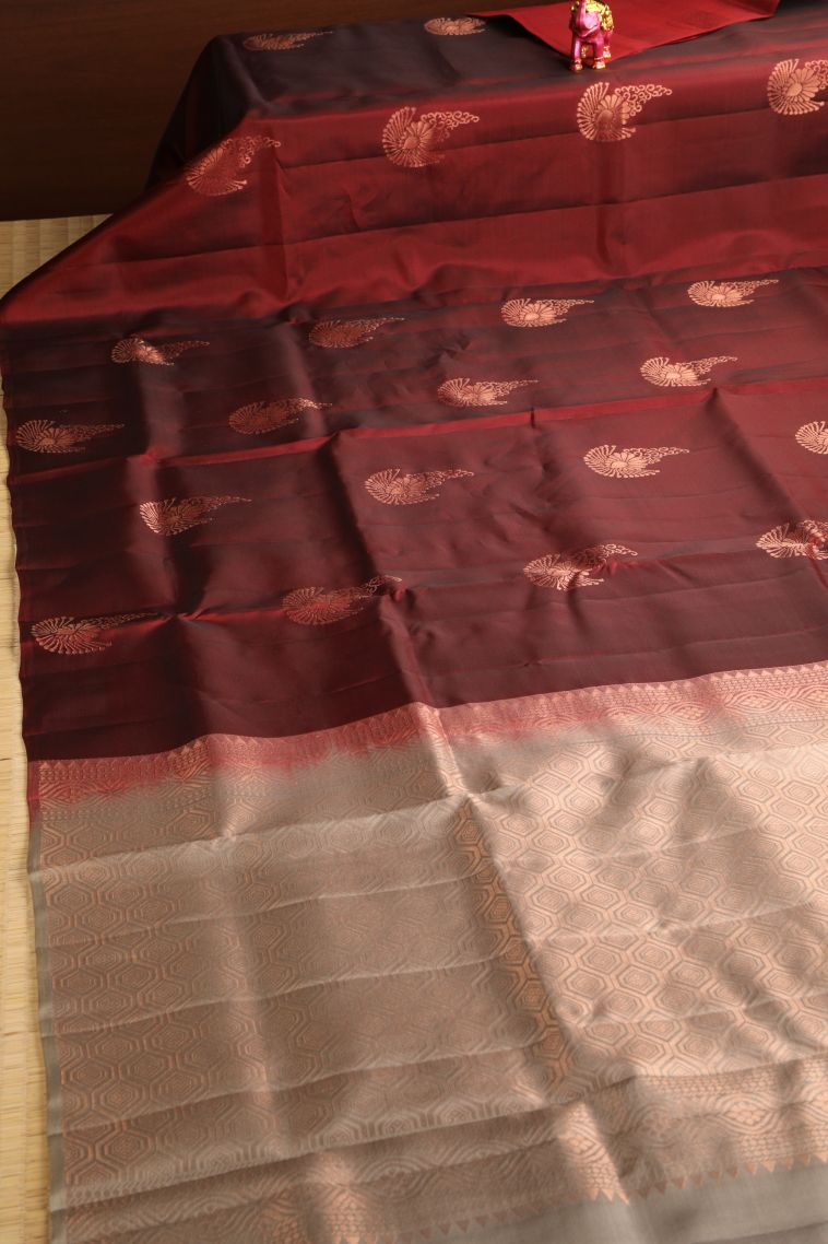 Crimson Red Soft Silk Saree with Copper Zari Buttis (small Dots Or Motifs) view 2