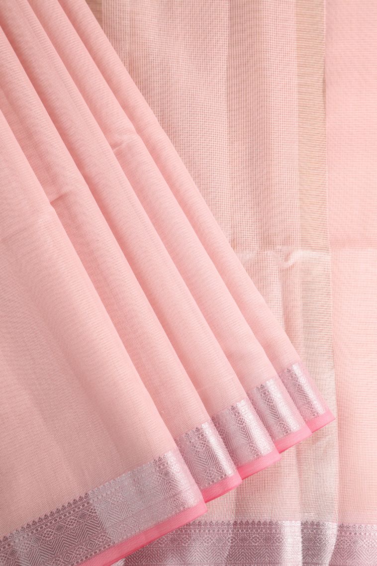 Lemonade Pink Organza Saree with Silver Zari Stripes view 1