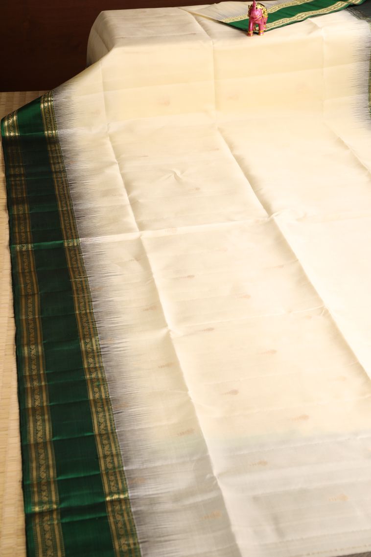 Cream White Soft Silk Saree with Gold Zari Floral Puttas view 2
