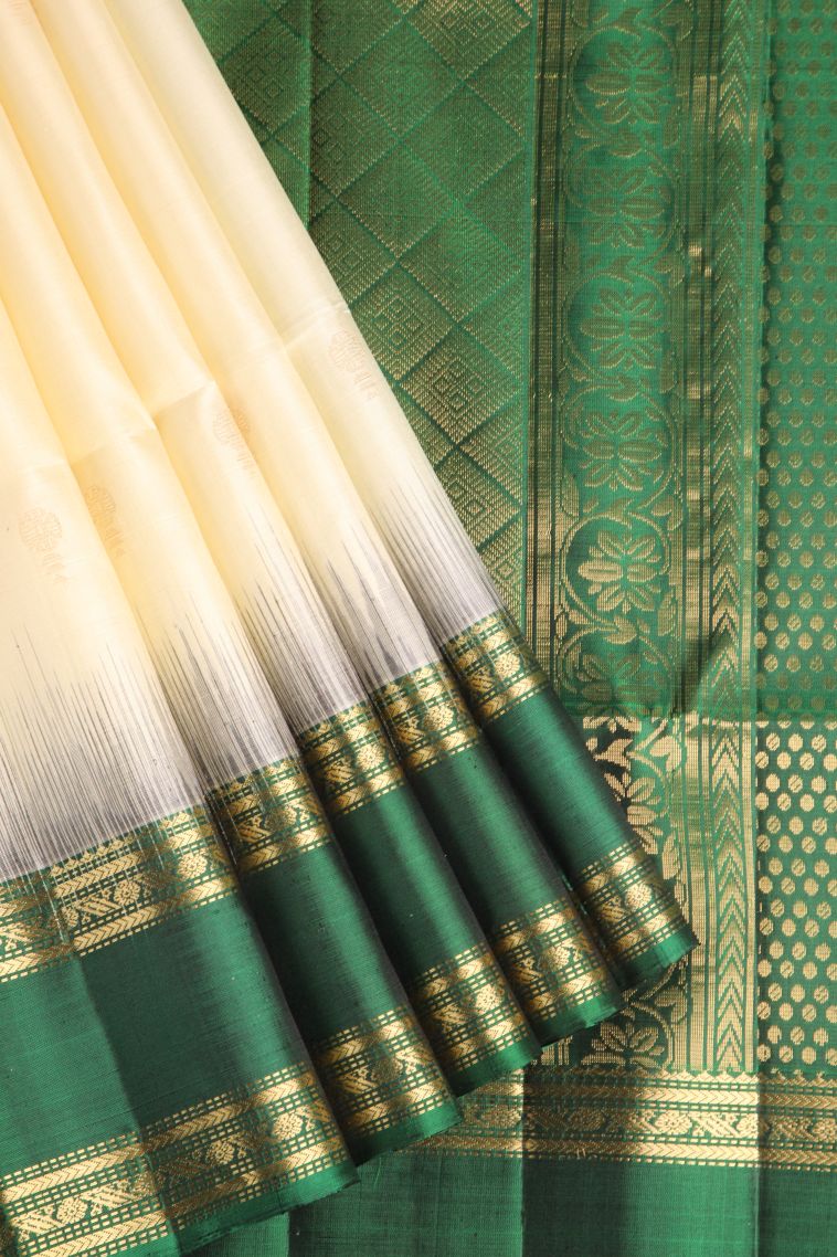 Cream White Soft Silk Saree with Gold Zari Floral Puttas view 1