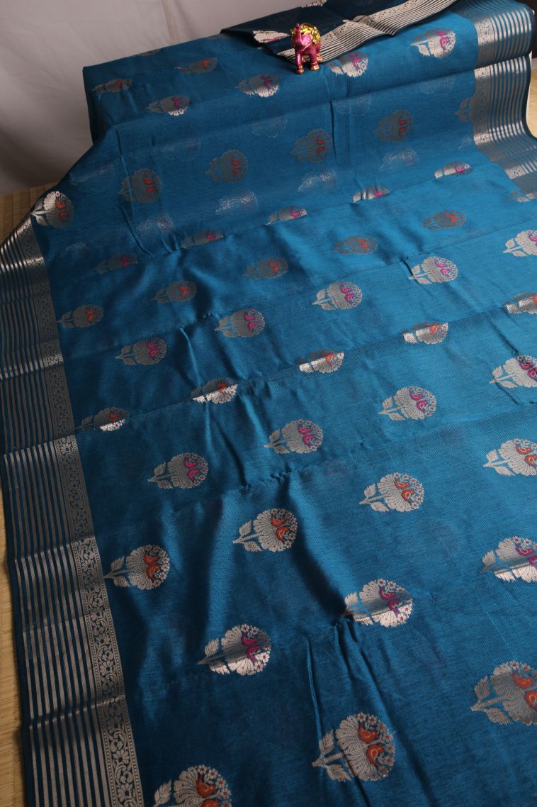 Aegean Blue Banaras Sarees with Gold Zari Birds Mottif view 2