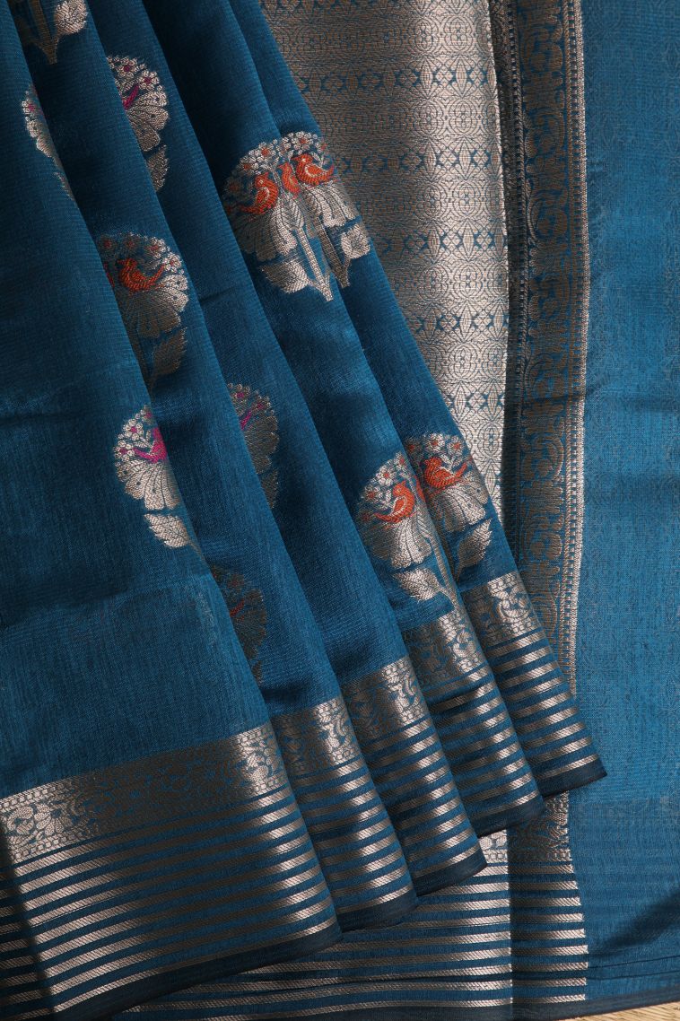Aegean Blue Banaras Sarees with Gold Zari Birds Mottif view 1