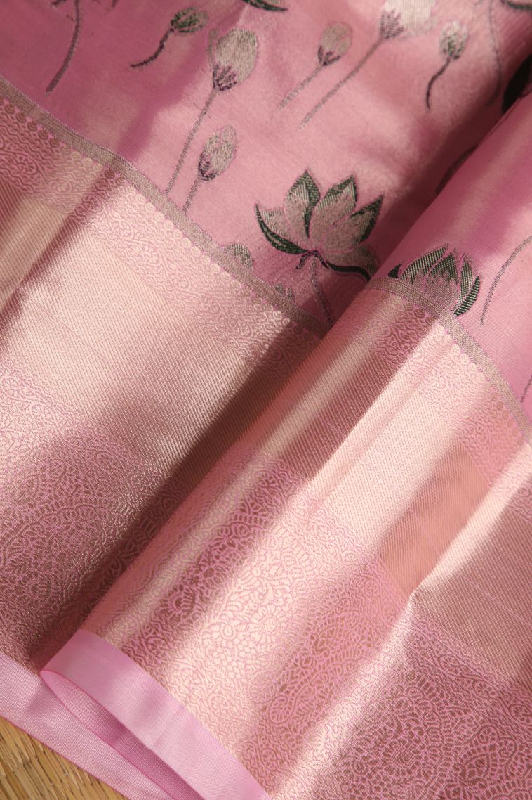 Ballet Pink Tissue Silk Sarees with Gold Zari Floral Patterns view 4