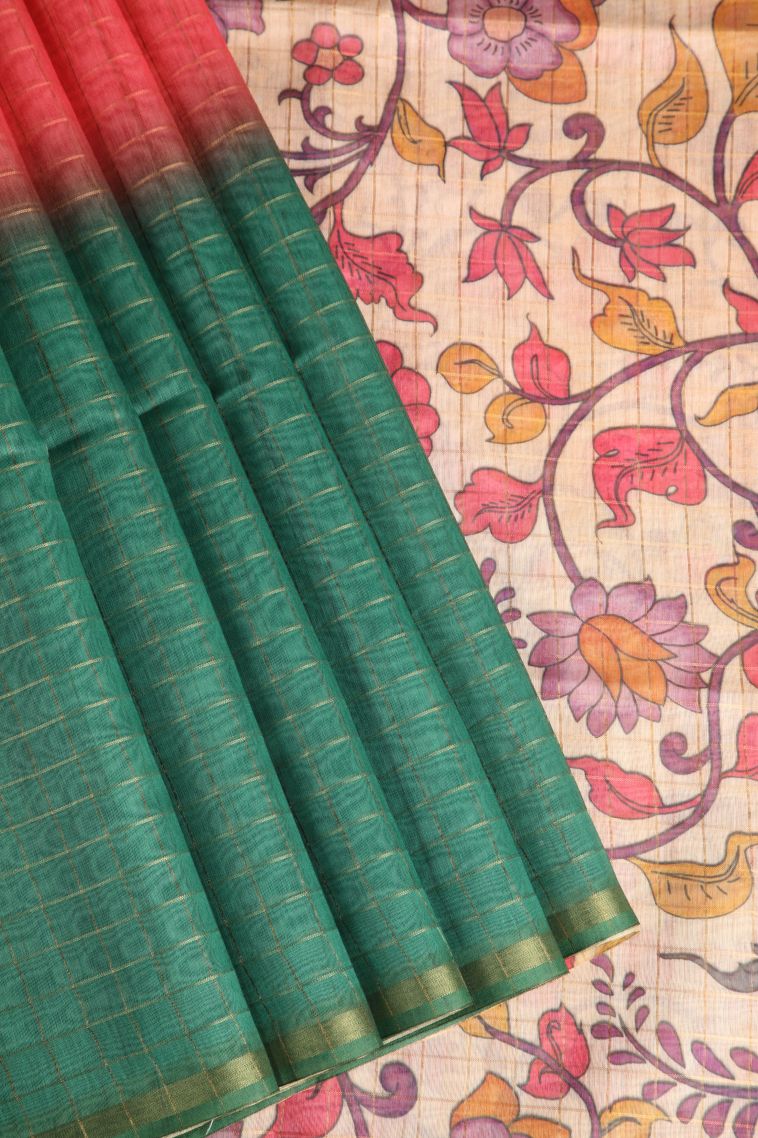 Basil Green Semi Tussar Silk with Gold Zari Checks view 1