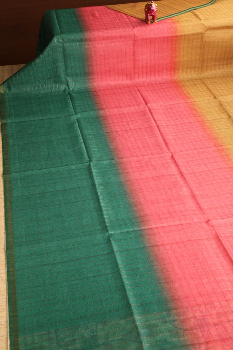 Basil Green Semi Tussar Silk with Gold Zari Checks view 2
