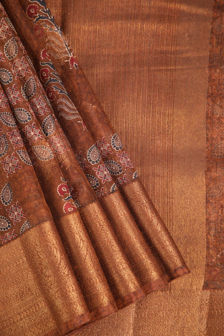 Caramel Brown Jute Sarees with Antic Zari Floral Patterns view 1