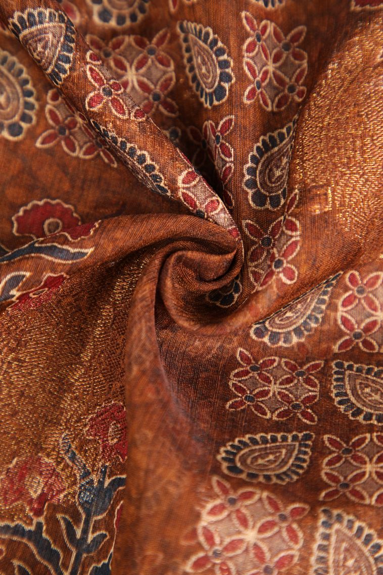 Caramel Brown Jute Sarees with Antic Zari Floral Patterns view 4