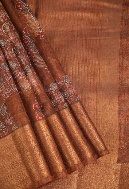 Caramel Brown Jute Sarees with Antic Zari Floral Patterns