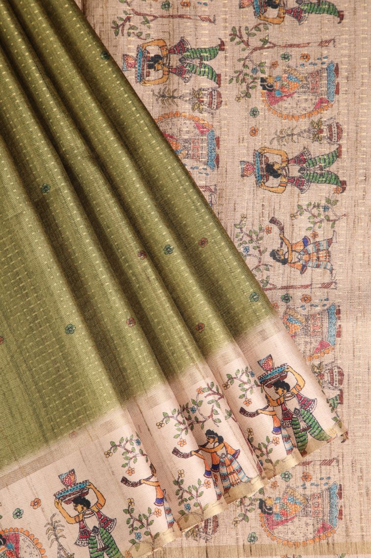 Olive Green Semi Tussar Silk with Gold Zari Checks And Puttas view 1