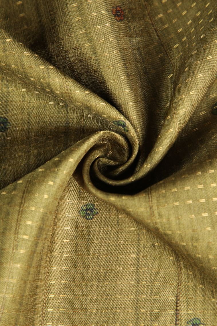 Olive Green Semi Tussar Silk with Gold Zari Checks And Puttas view 4