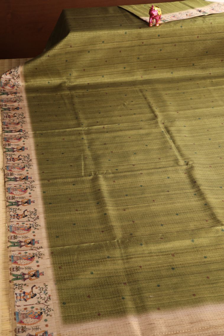 Olive Green Semi Tussar Silk with Gold Zari Checks And Puttas view 2