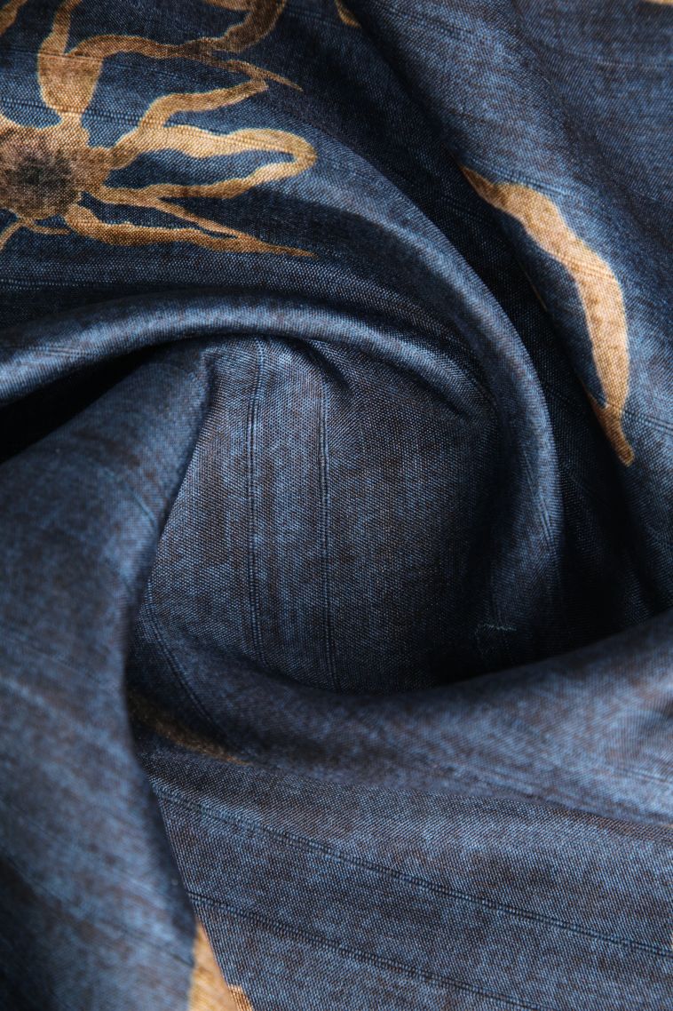 Admiral Blue Semi Tussar Silk with Gold Zari Floral Patterns view 4