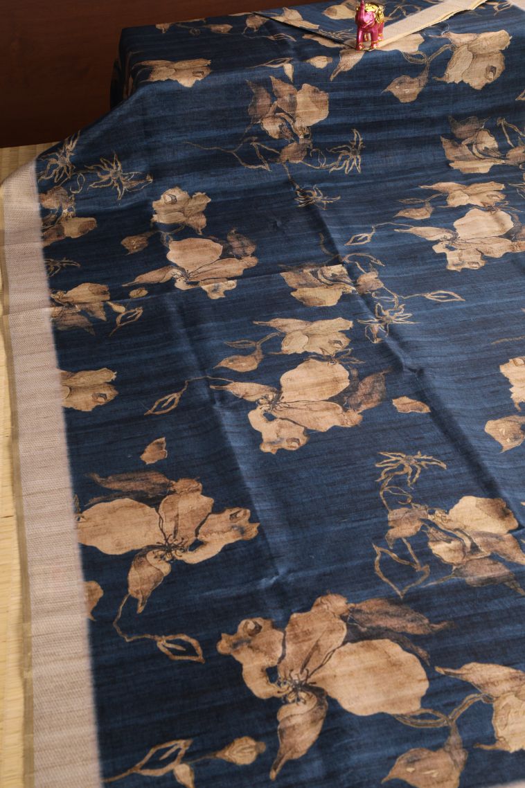 Admiral Blue Semi Tussar Silk with Gold Zari Floral Patterns view 2