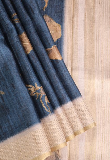Admiral Blue Semi Tussar Silk with Gold Zari Floral Patterns