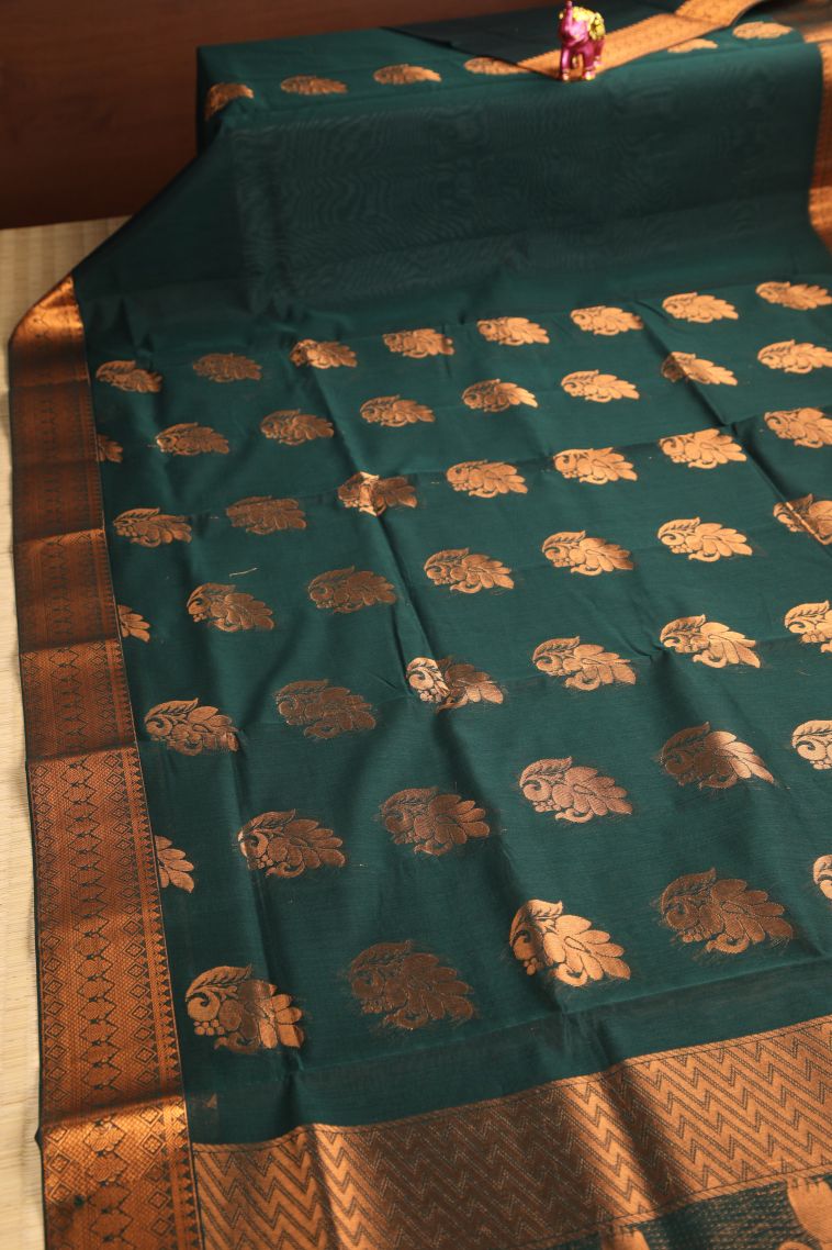 Bottle Green Silk Cotton with Gold Zari Floral Puttas view 2