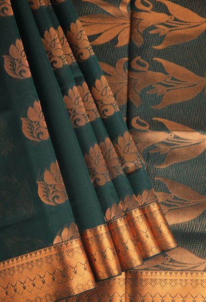 Bottle Green Silk Cotton with Gold Zari Floral Puttas