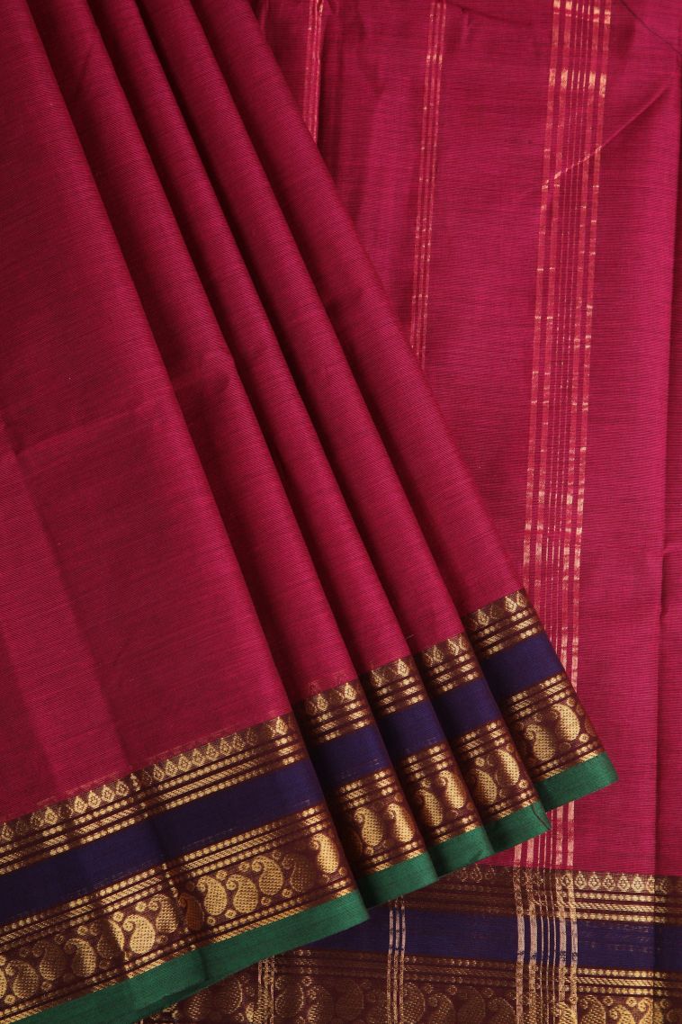 Cherry  Red Chettinad Cotton Sarees with Gold Zari Plain view 1