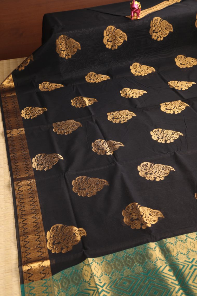 Asphalt Black Silk Cotton with Gold Zari Floral Puttas view 2