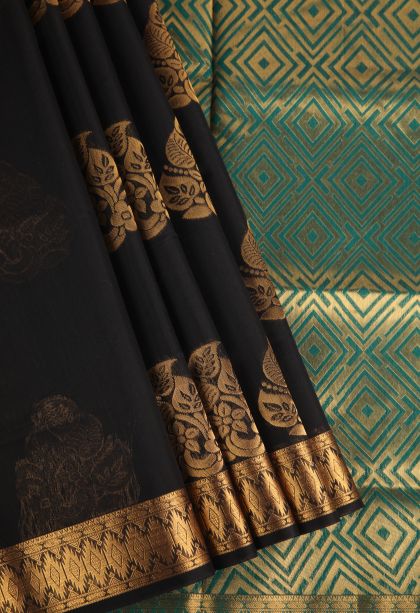 Asphalt Black Silk Cotton with Gold Zari Floral Puttas