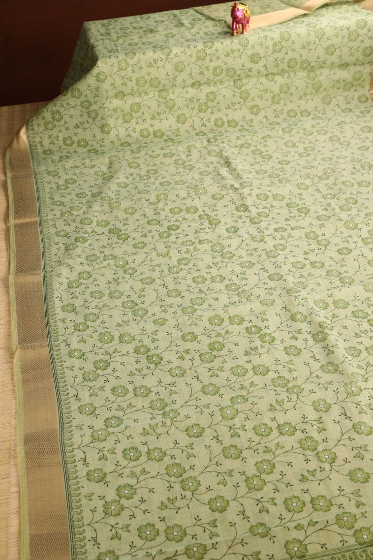 Olive Green Tussar Cotton Sarees with Gold Zari Floral Patterns view 2