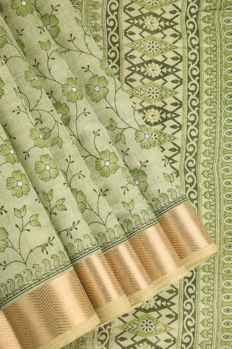 Olive Green Tussar Cotton Sarees with Gold Zari Floral Patterns view 1